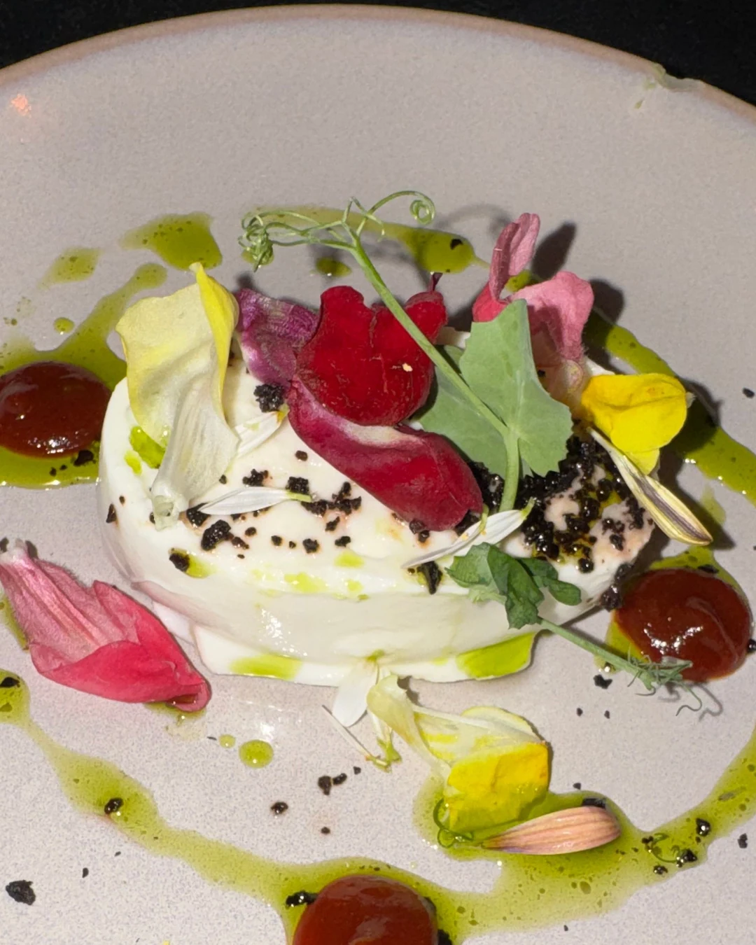 Détail d’une assiette dressée : fleurs comestibles, pousses, coulis rouge et huile verte